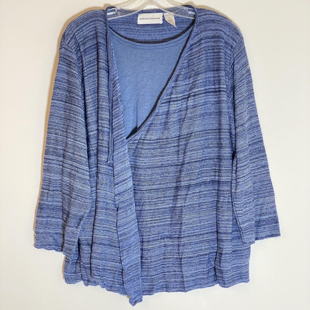 Alfred Dunner Cardigan Sweater Womens XL Blue Stripe Open Front 2fer Layered USA